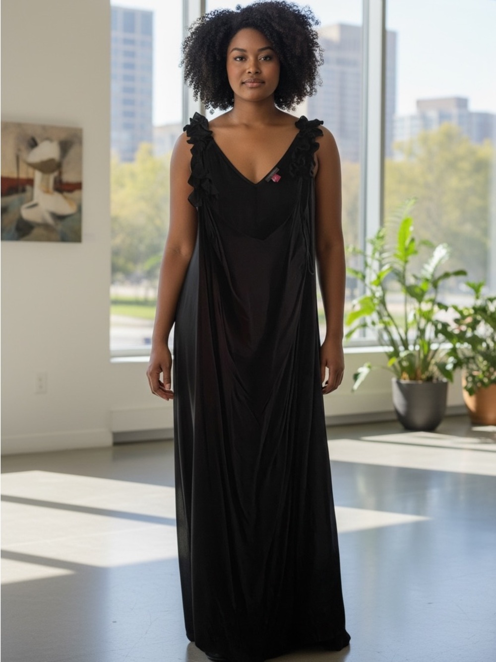 Vince Camuto Black Ruffle-Shoulder Maxi Dress